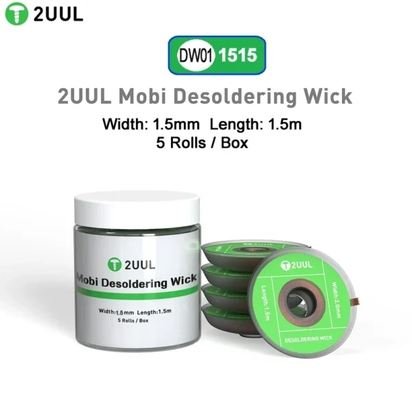 2UUL DW01 Desoldering Wick 1.5mm x 1.5m (5-Pack) offers quick, precise solder removal for mobile and electronics repairs